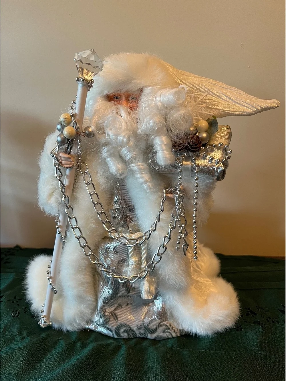 Father Christmas standing figure white faux fur cloak silver embellishments